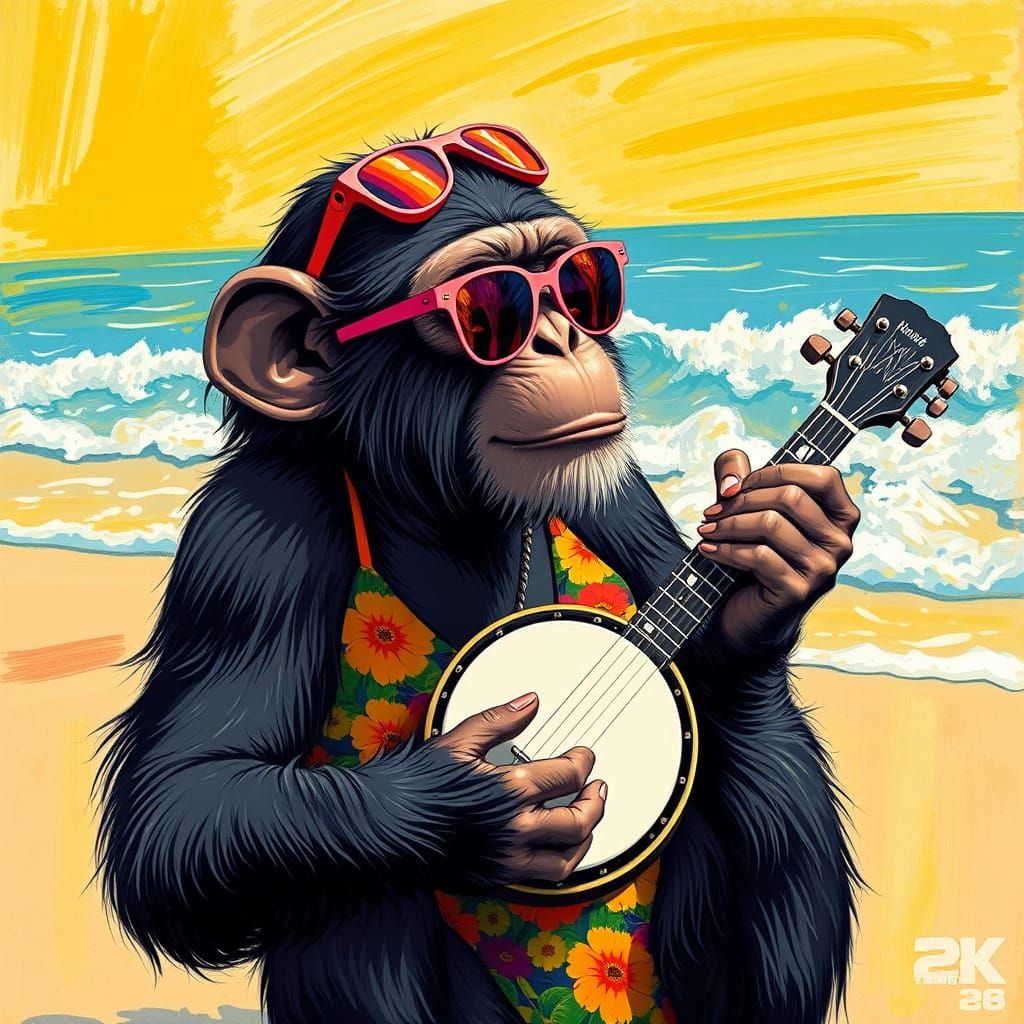 Chimpanzee Banjo Player on Beach, in Fauvist Style