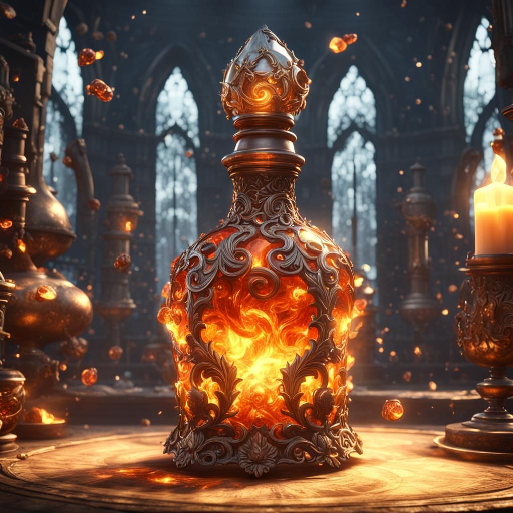 Ornate Crystal Bottle Holding Fiery Potion