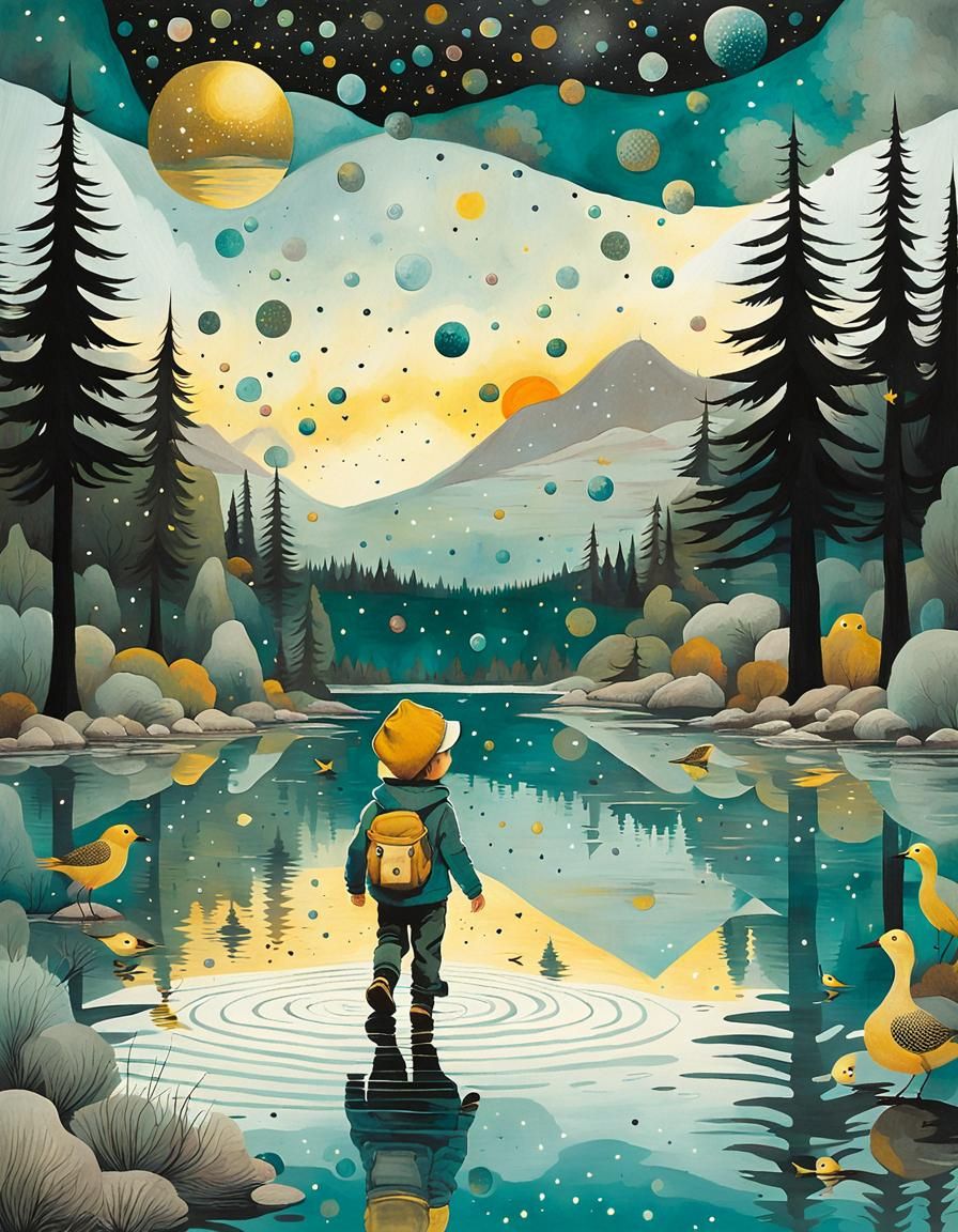 Toddler's Lakeside Walk: A Surrealist Scene