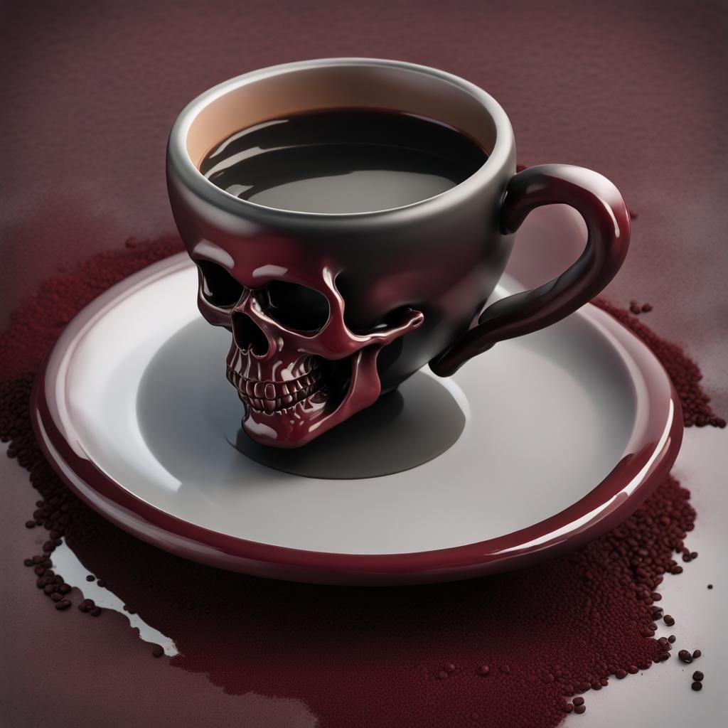 Skull Coffee Set in Black Clay, Hyperrealistic