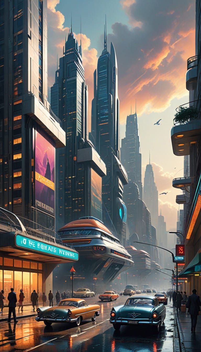 Retrofuturistic Metropolis in 1950s Sci-Fi Style
