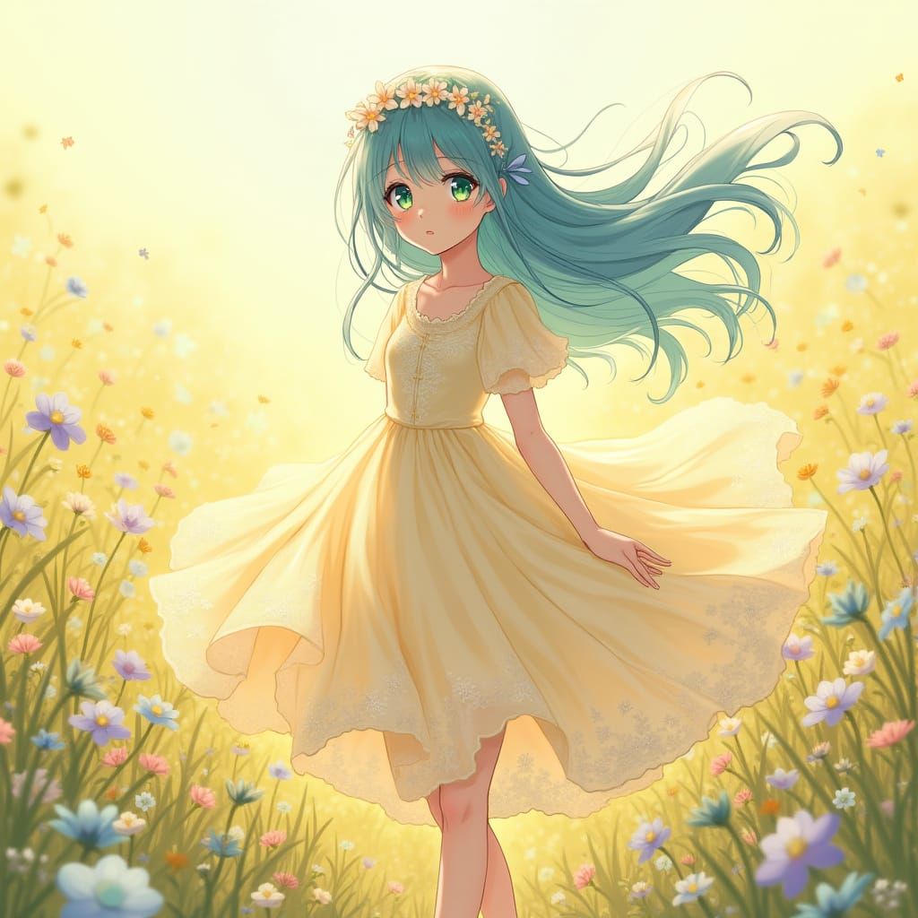 Anime Girl Dances in a Whimsical Golden Meadow