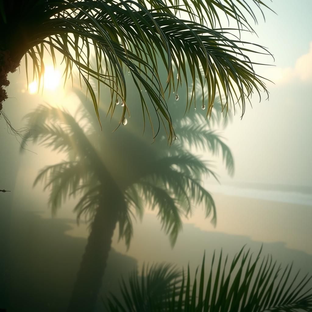 Enchanted Palms in Emerald Fog, Dreamlike Fantasy