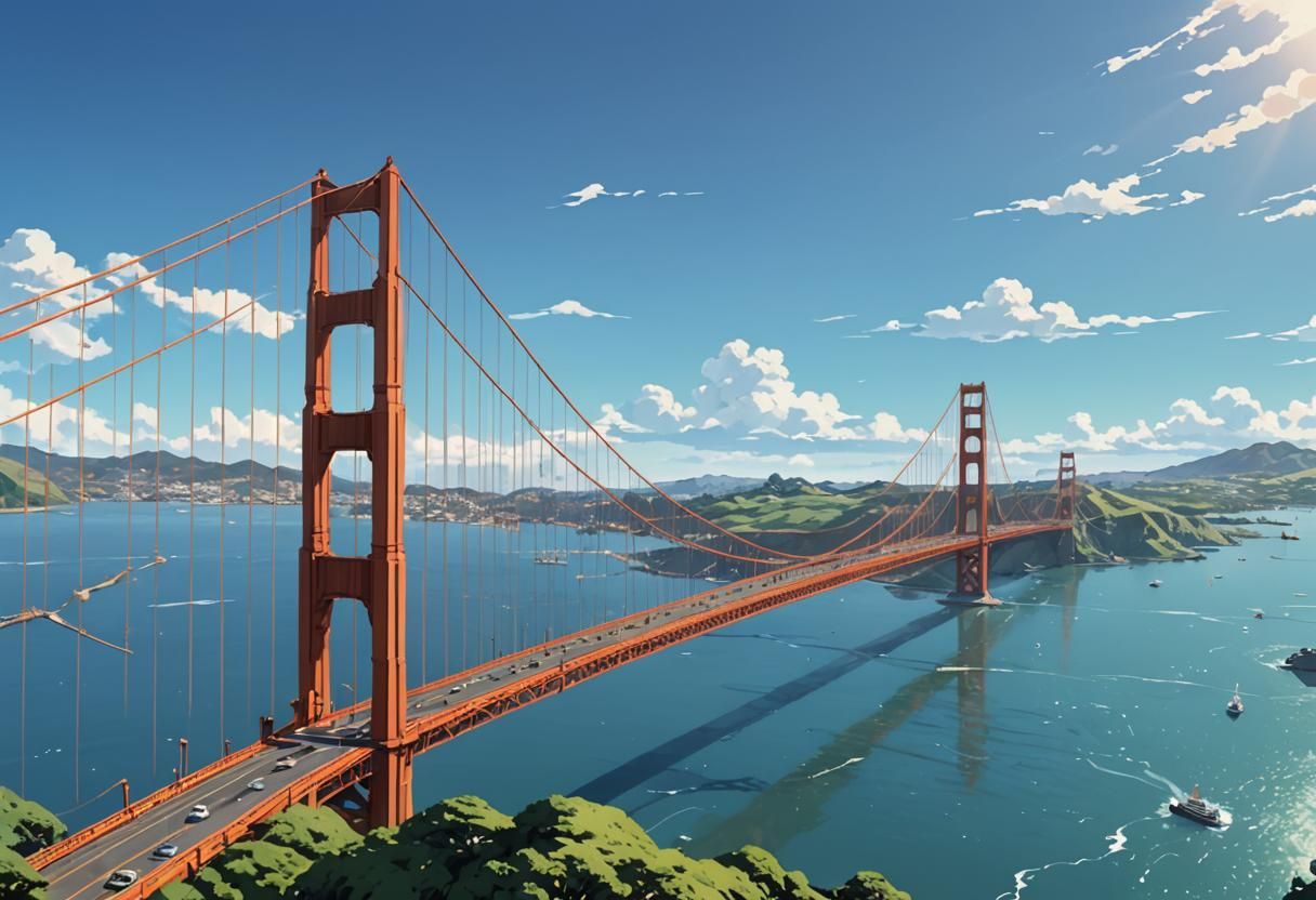 Vibrant Bridges: Anime-Style Landscape with Golden Gate