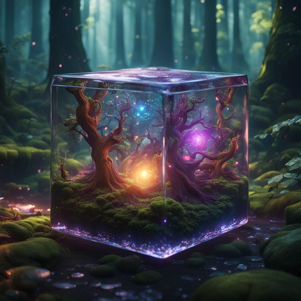 Glass Cube in Magic Forest: Detailed Matte Painting