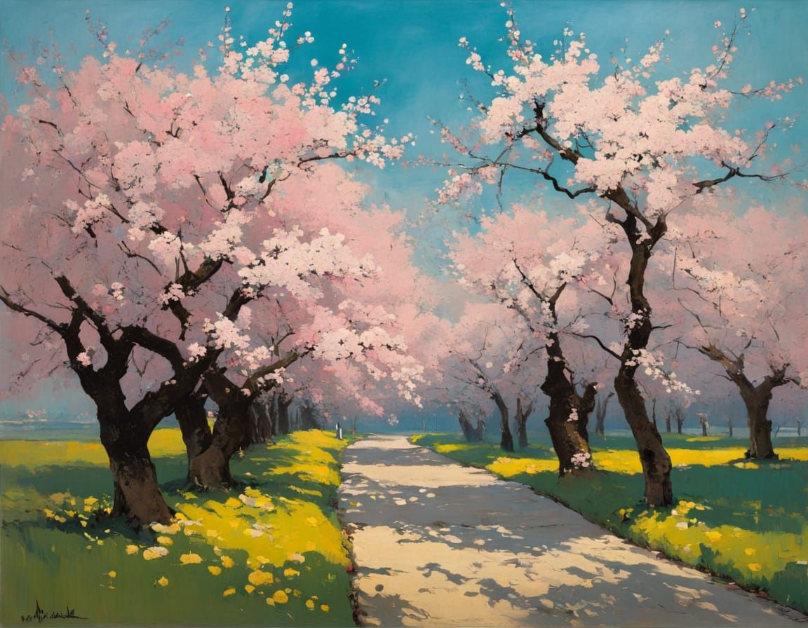 Cherry Orchard in Blossom: Impressionistic Style