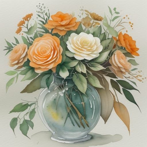 Watercolor Floral Arrangement in Mokka and Tangerine