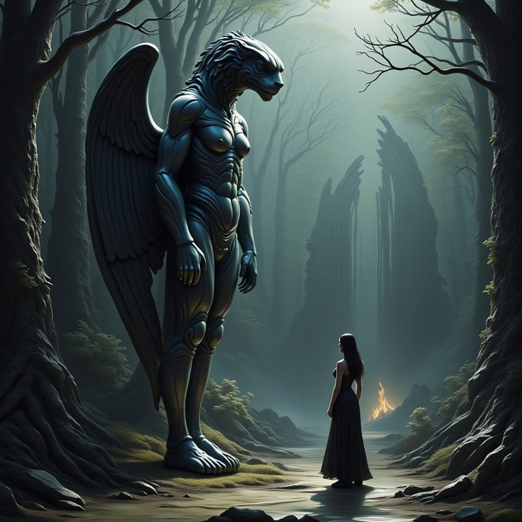 Woman and Colossal Statue in Dark Mystical Style