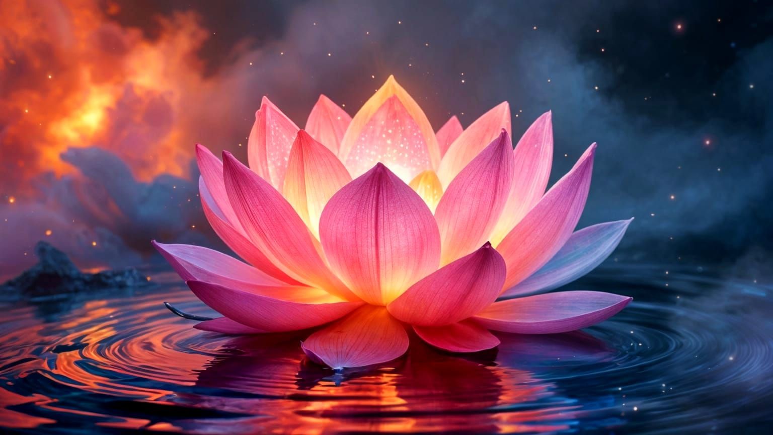 Surreal Iridescent Lotus Blooms in Cosmic Sunset