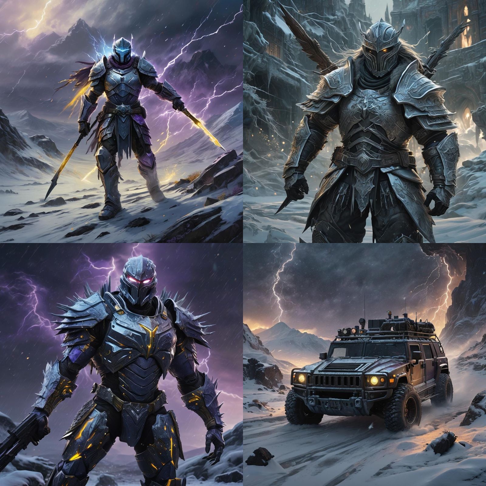Warrior with Hummer in Frosty Lightning Landscape