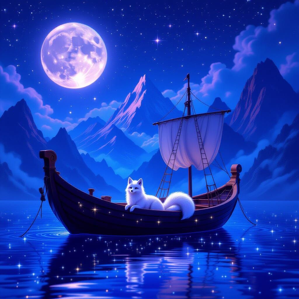 Fantasy Boat on Starry Sea Under Mystical Moon