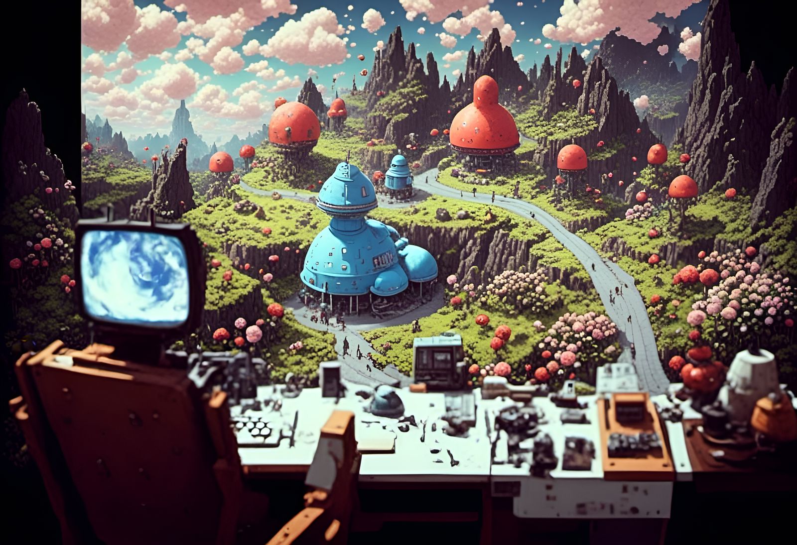 Surreal Nuclear Fantasy Landscape in Pixel Art
