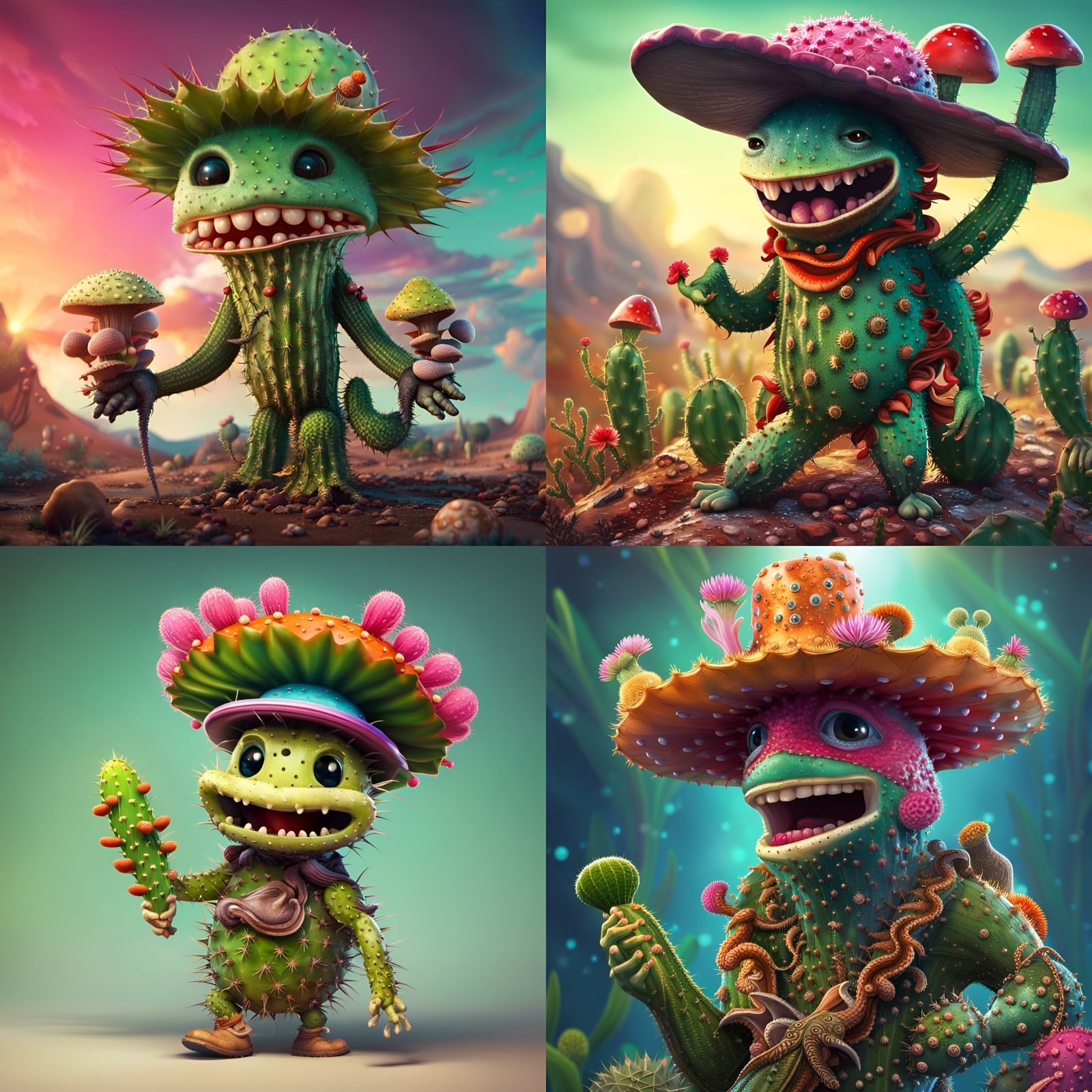 Smiling Cactus Humanoid with Mushroom Hat