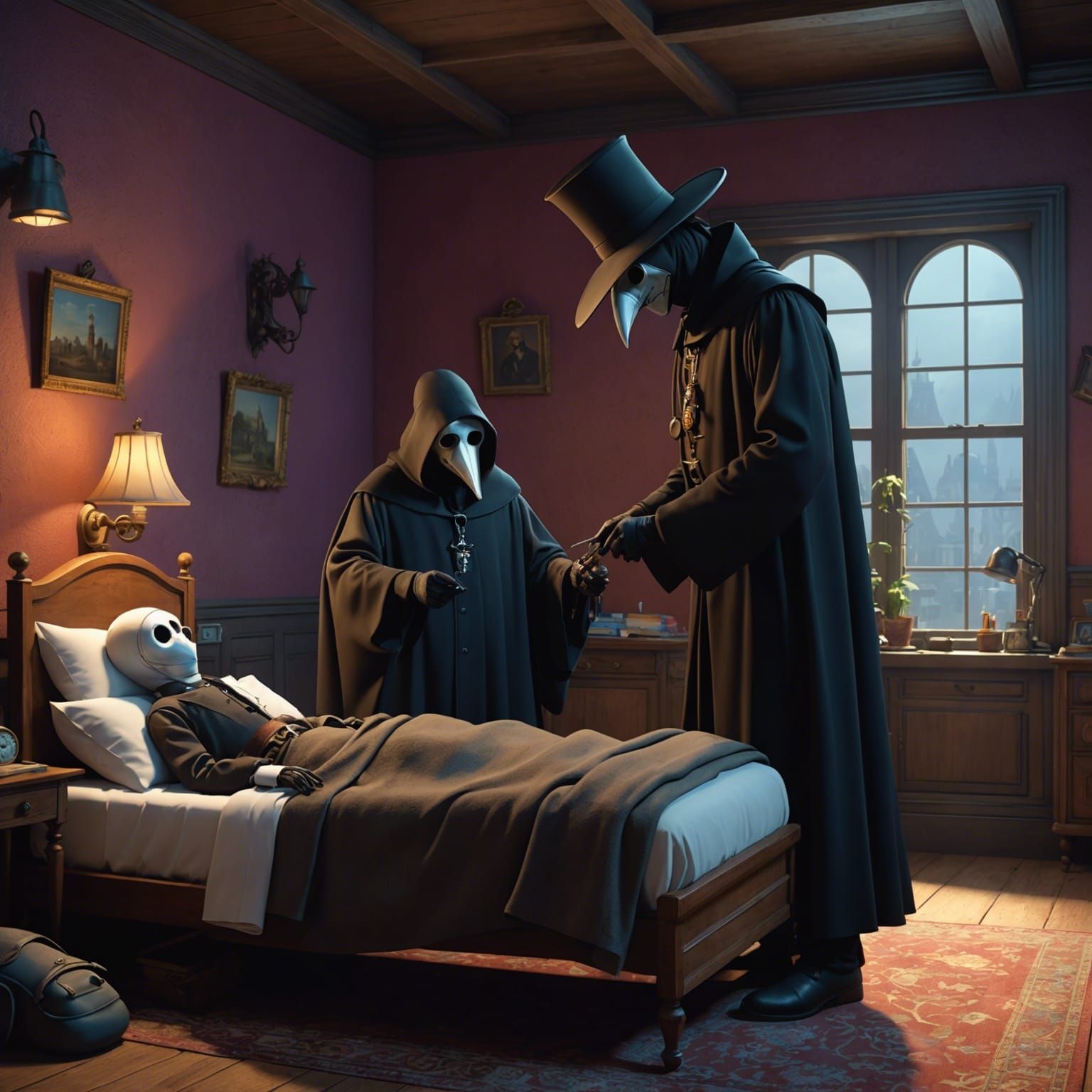 Plague Doctor Examines Patient: Pixar-Style 3D Art
