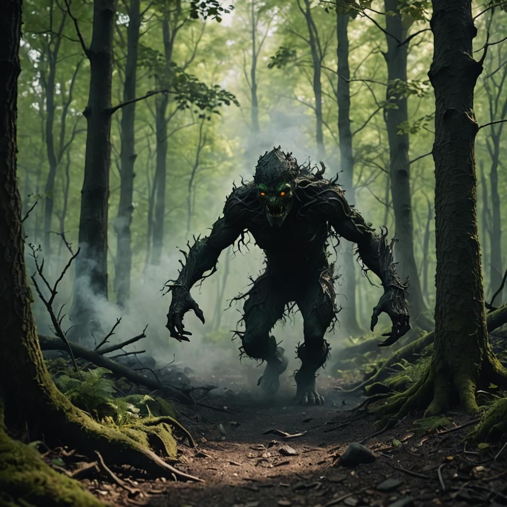 Eerie Shadow Creature Hiding in Green Woods