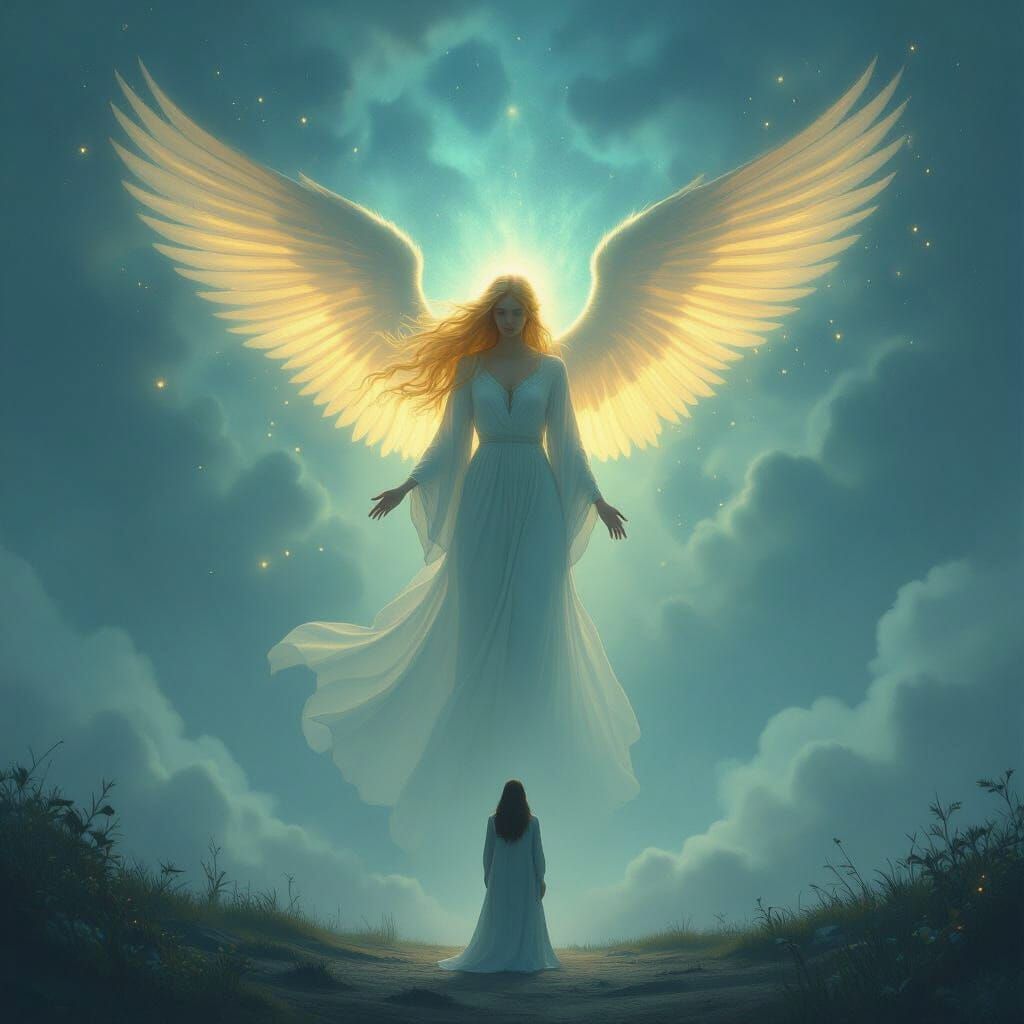 Radiant Angel Emerges from Bioluminescent Sky