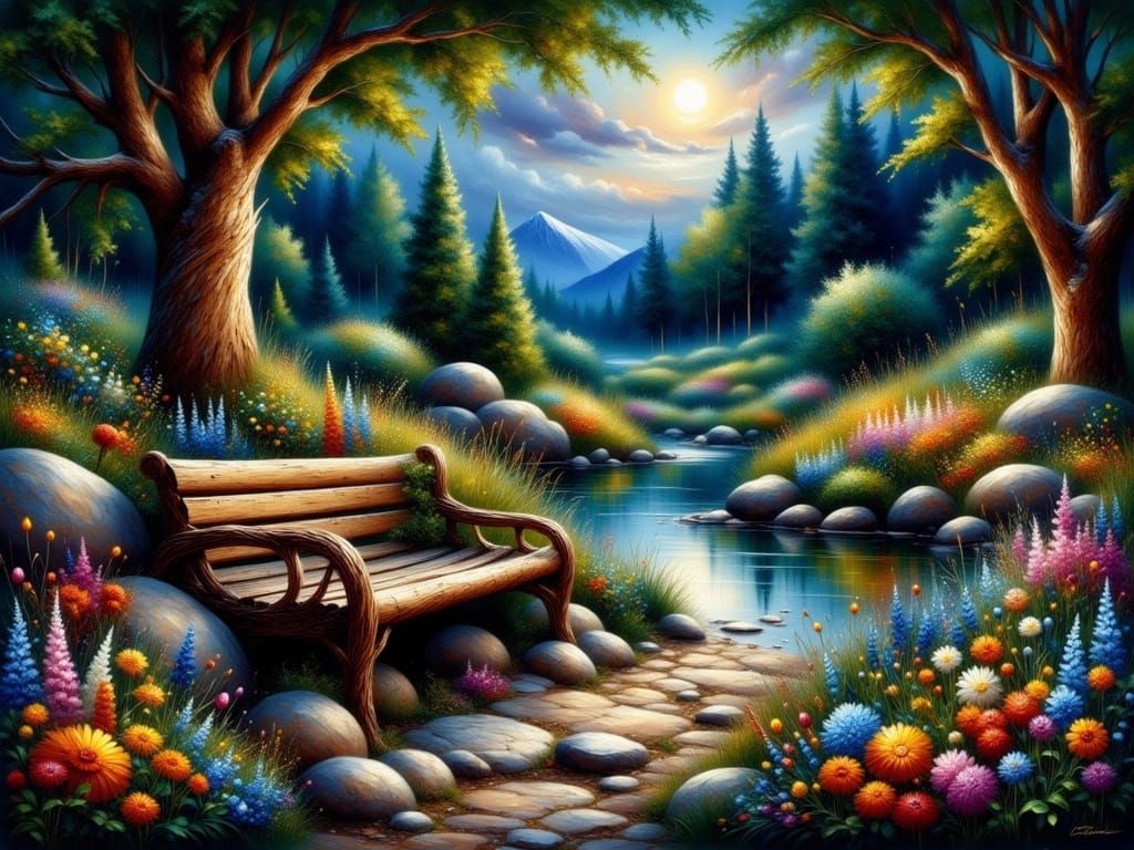 Rustic Moonlit Garden Scene with Woven Bench