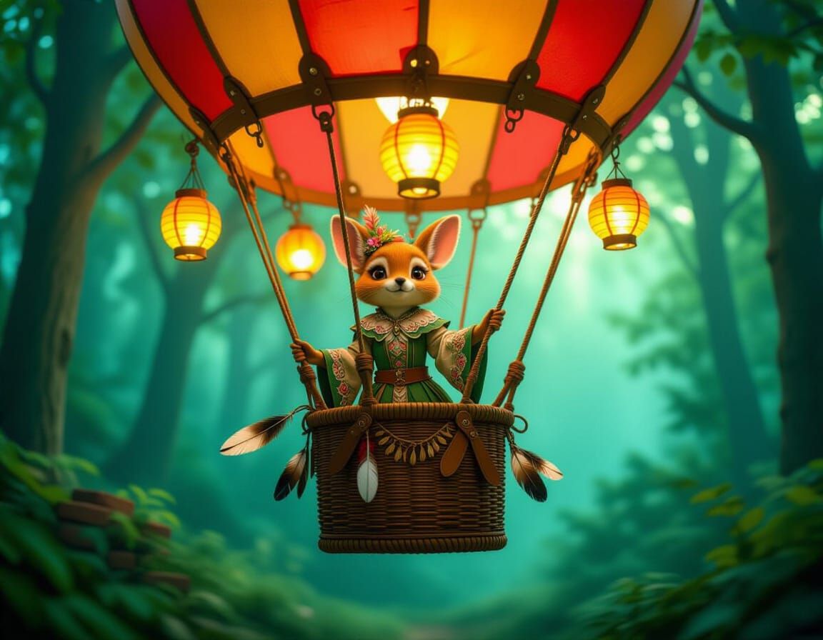 Fae in Hot Air Balloon Amidst Dreamy Forest
