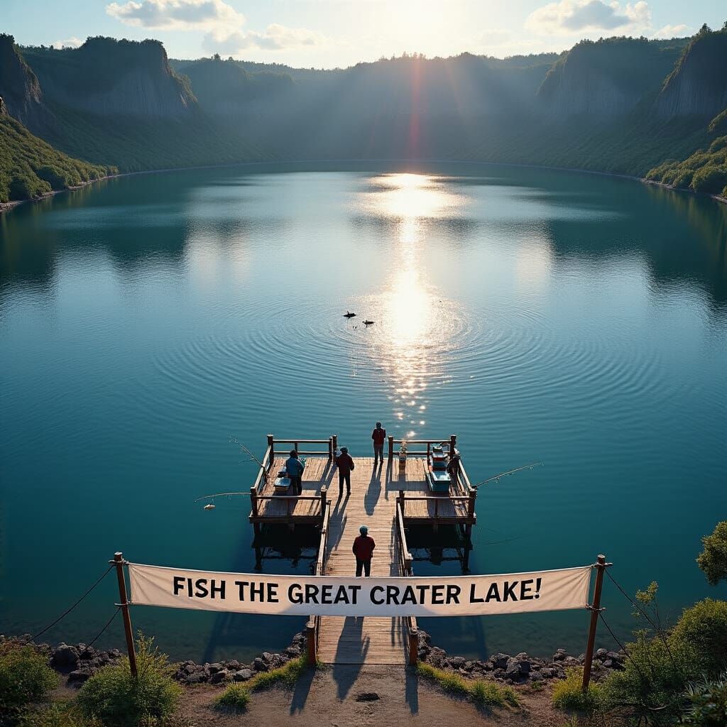 Serene Crater Lake Fishing Pier in Hyperrealism