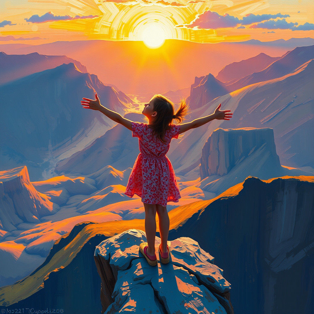Girl Embraces Sunrise on Cliff, Impasto Painting