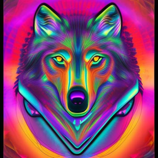 Psychedelic Wolf in Cosmic Dreamscape: Astral Illustration