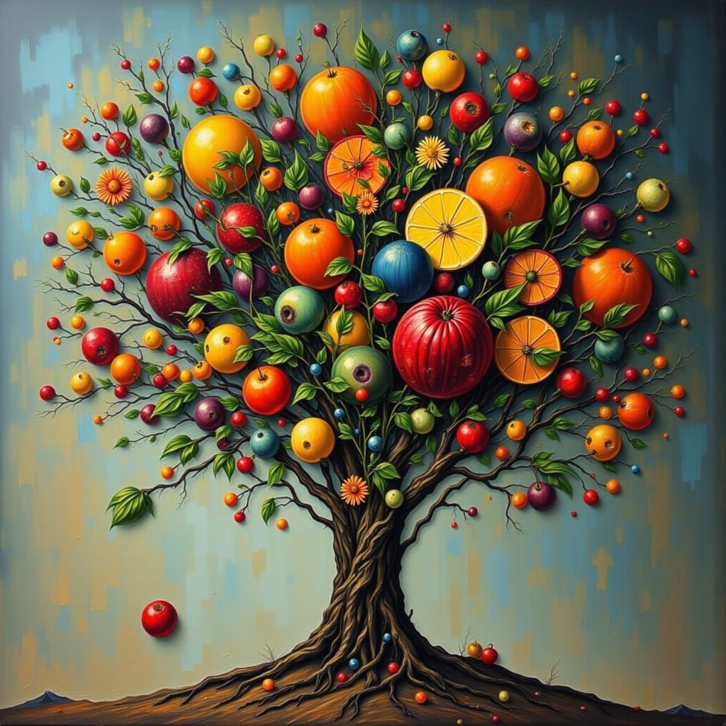 AI Fruit Tree with Floral and Figurative Elements