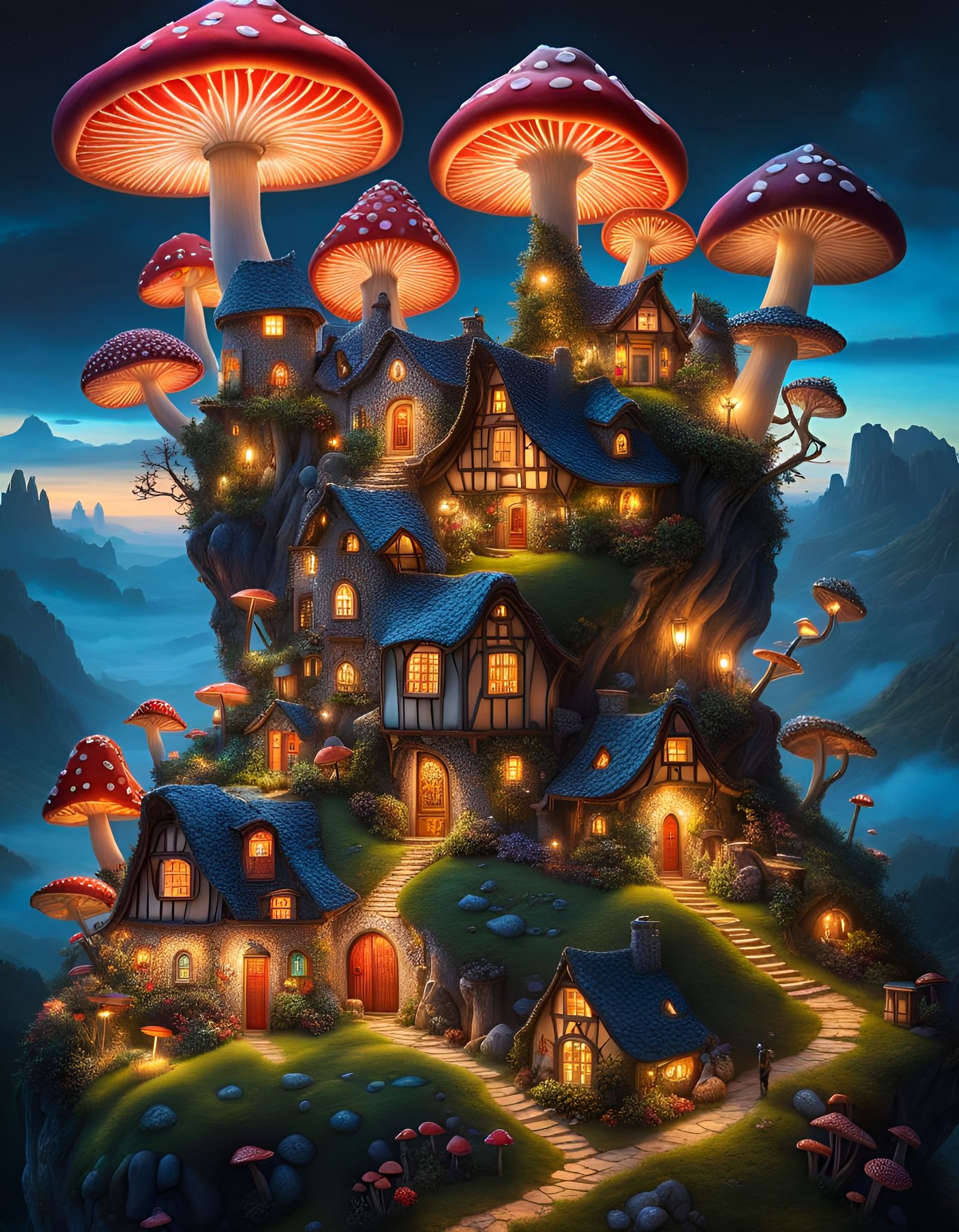 Magical Mushroom Village in Surrealist Style