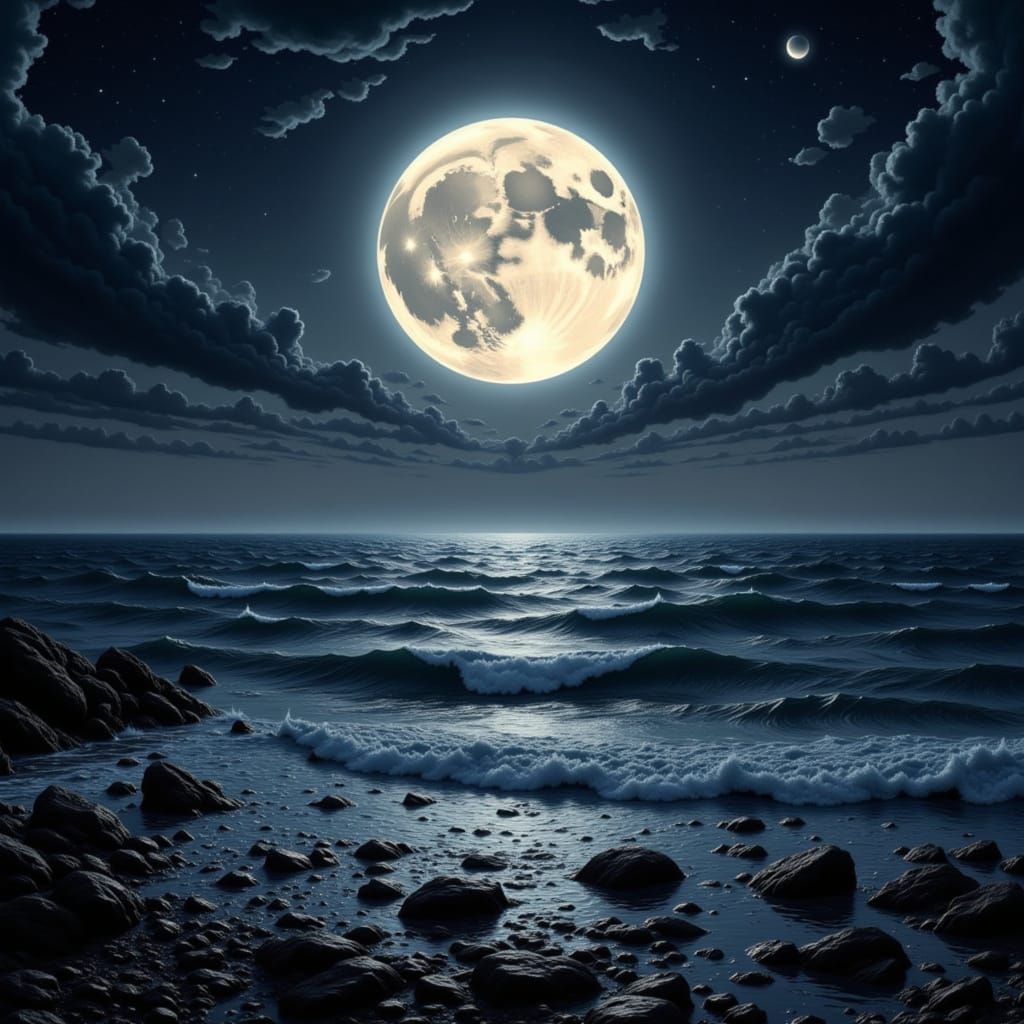 Dramatic Blood Moon Over a Nocturnal Seascape