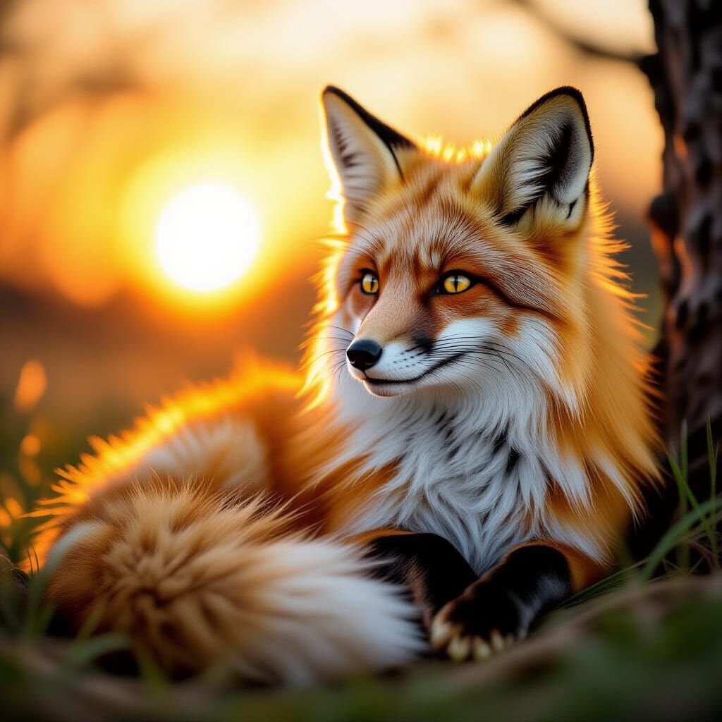 A relaxed fox under the sunset with beautiful glare from the...