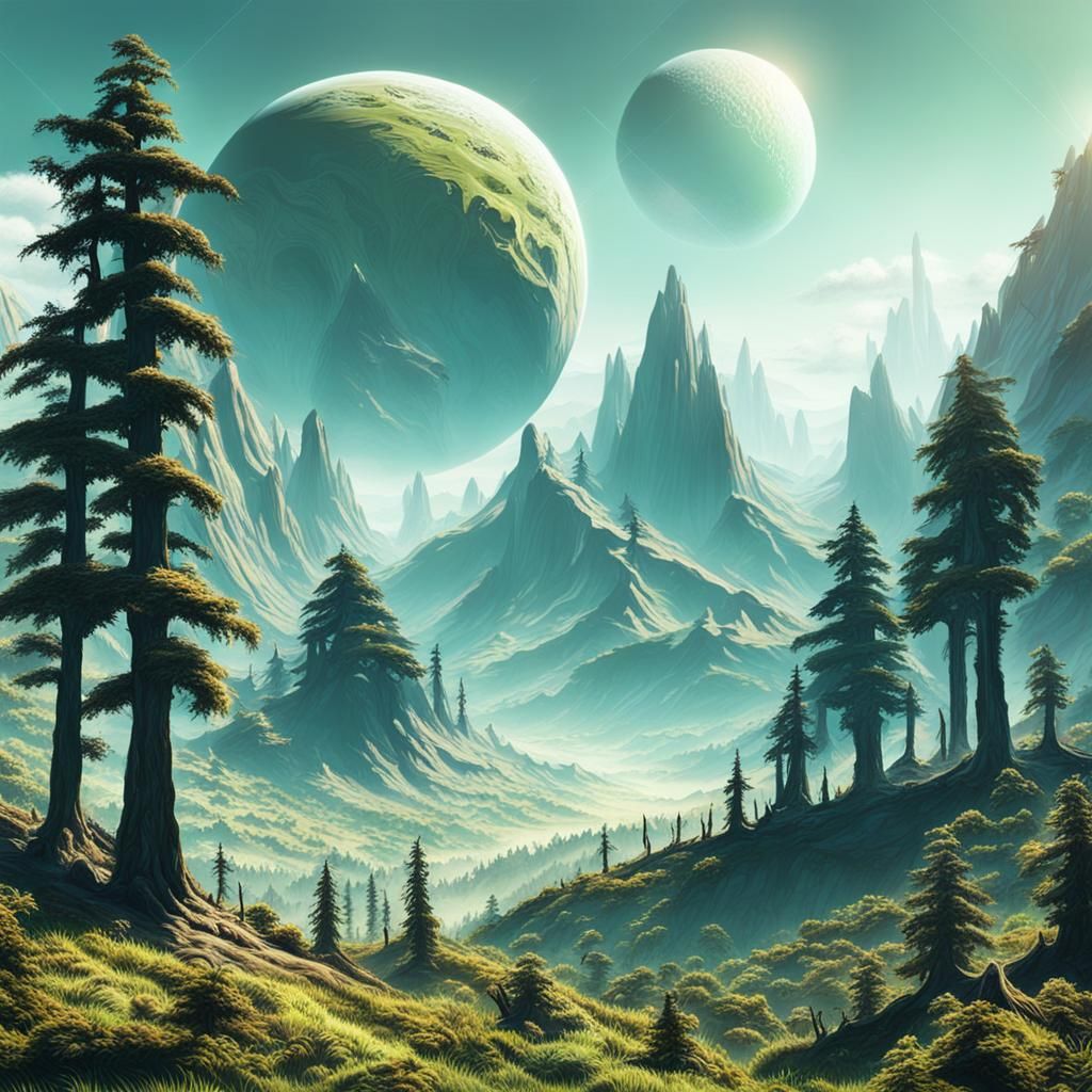Exotic Alien Planet Landscape with Forests and Mountains