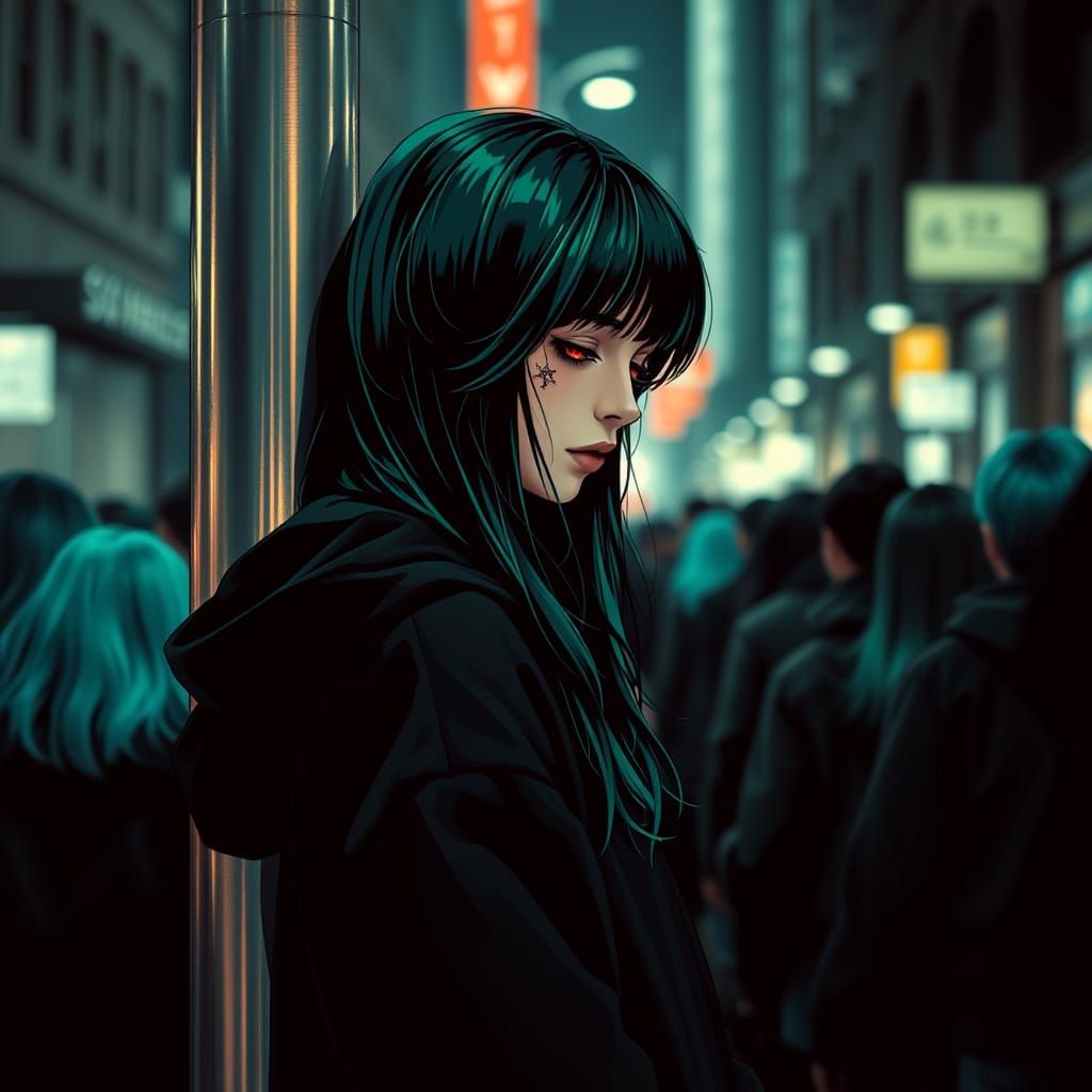 side view beautiful emo girl in black hoodie hood down with green highlights in hair. red eyes looking down snow flake t...