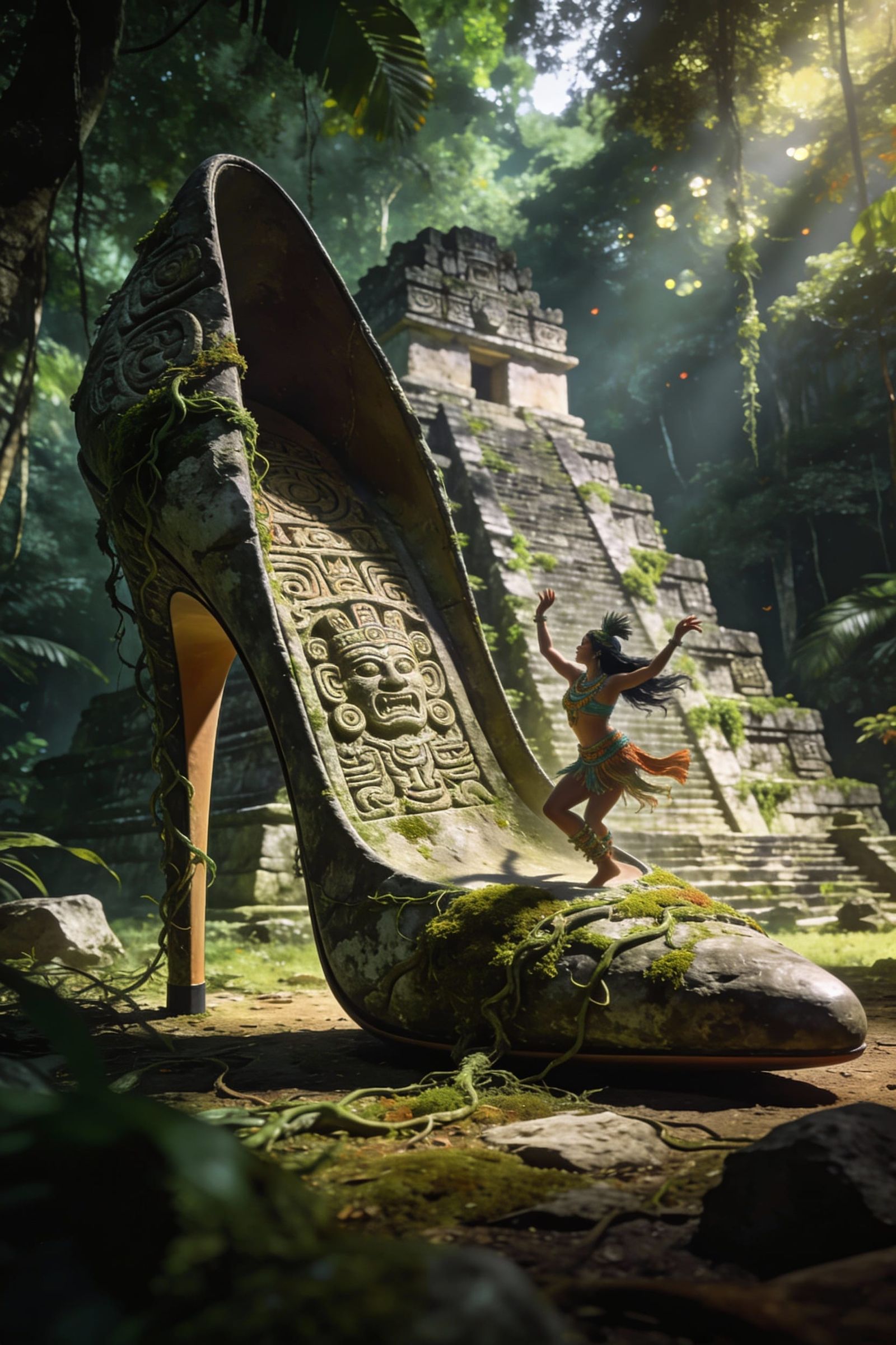 Maya Temple Dancer in Surreal Stiletto Heel Jungle Scene