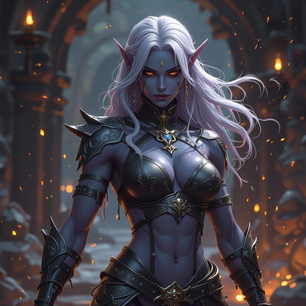 Muscle-bound Drow Woman in Dark Fantasy Art Style