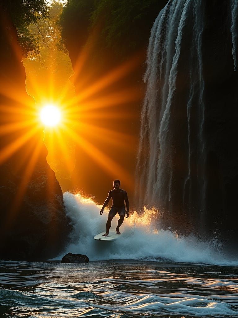 Surreal Surfer Rides Sunset Waterfall Waves