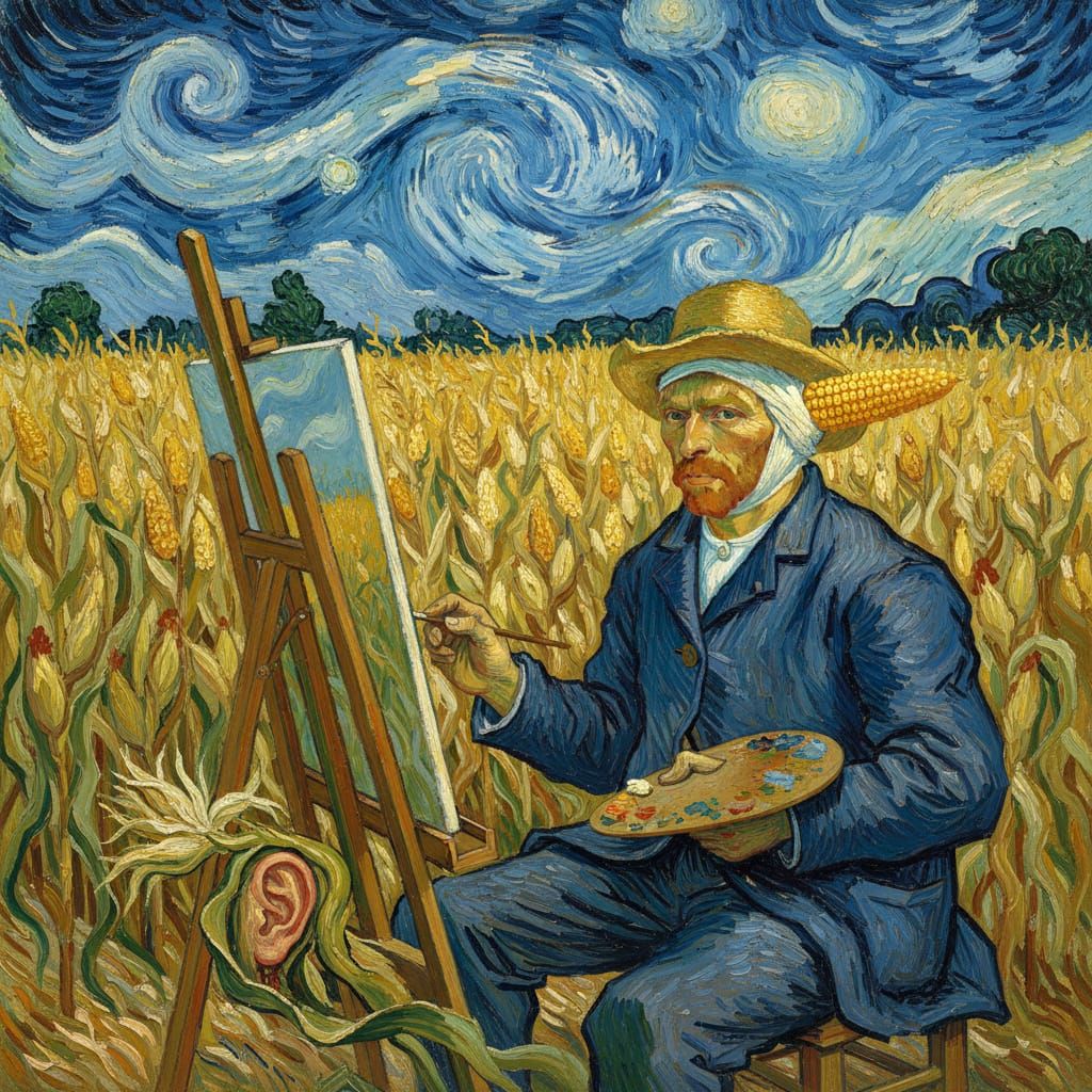 Van Gogh Style Painting of Artist in Sunlit Cornfield
