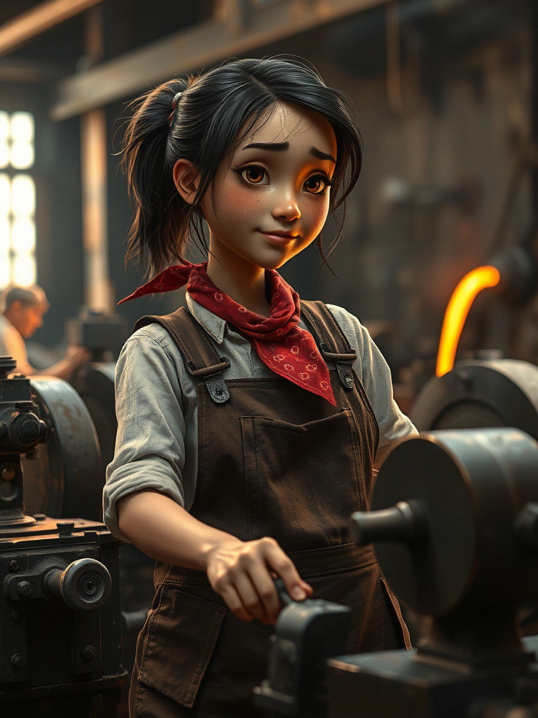 Anime Blacksmith in Photorealistic Industrial Setting