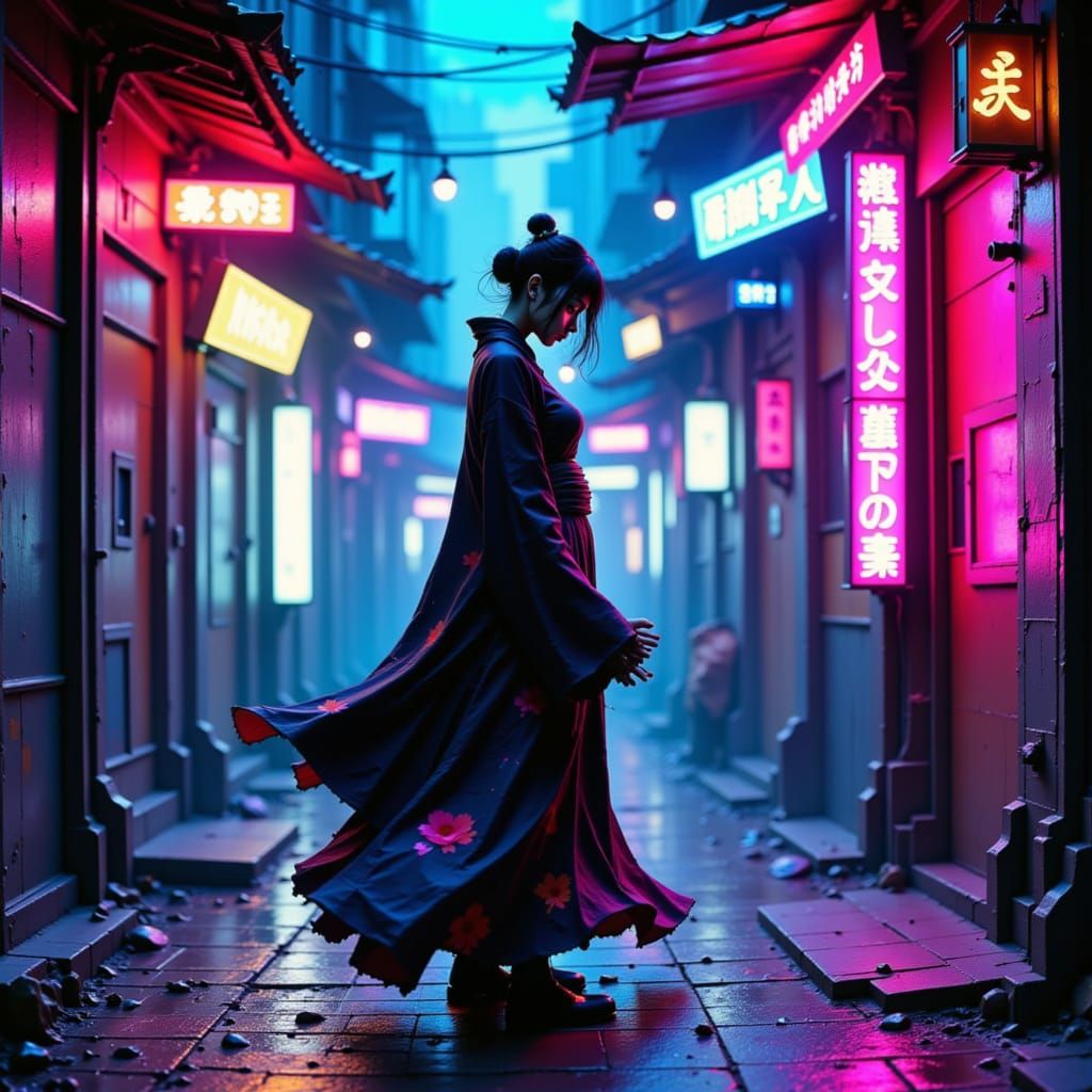 Cyborg Geisha Dances in Cyberpunk Alleyway