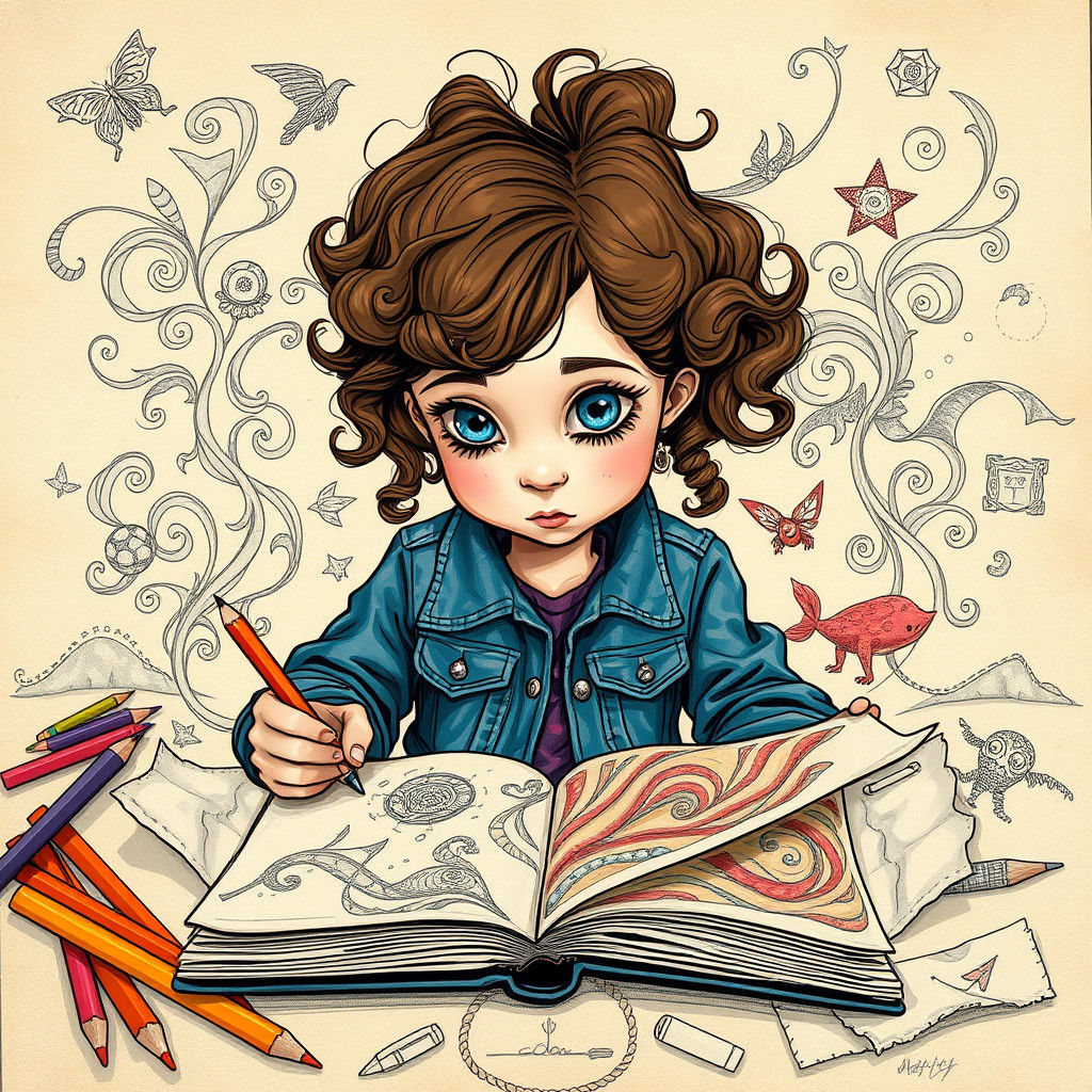 Girl Doodles Whimsical Worlds with Bold Lines