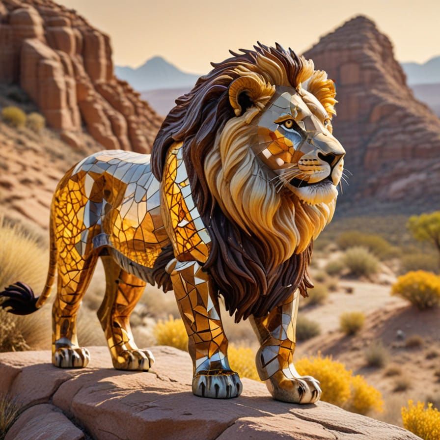 Luxurious Lion Mosaic in Vibrant Amber and Citrine Tones