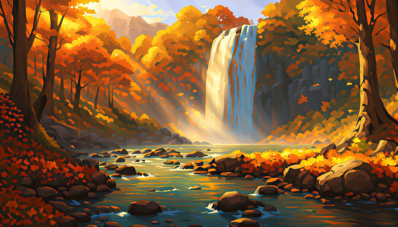 Majestic Autumn Waterfall in Golden Hour Light