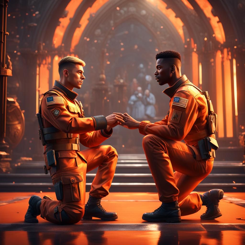 Gay Soldiers Propose in Shiny Orange Jumpsuits