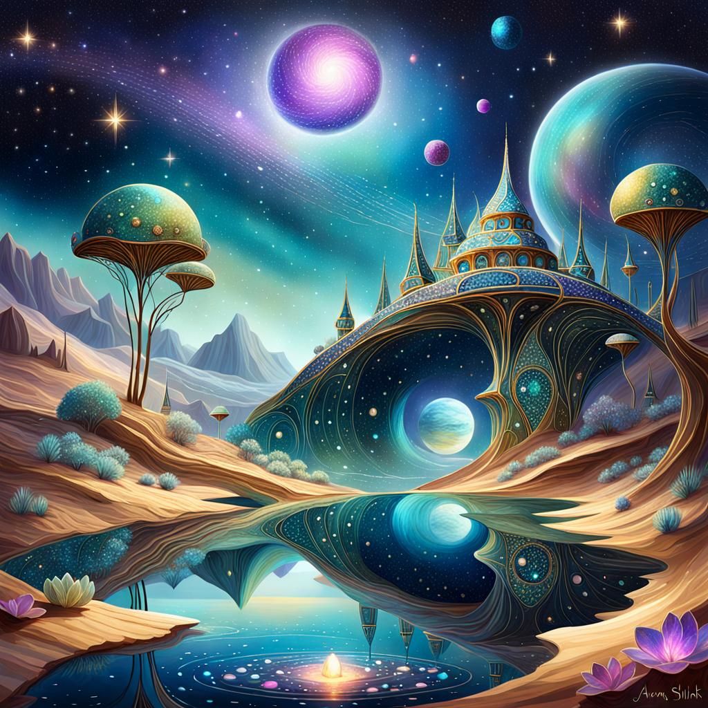 Bejeweled Galactic Oasis Reflecting Distant Stars