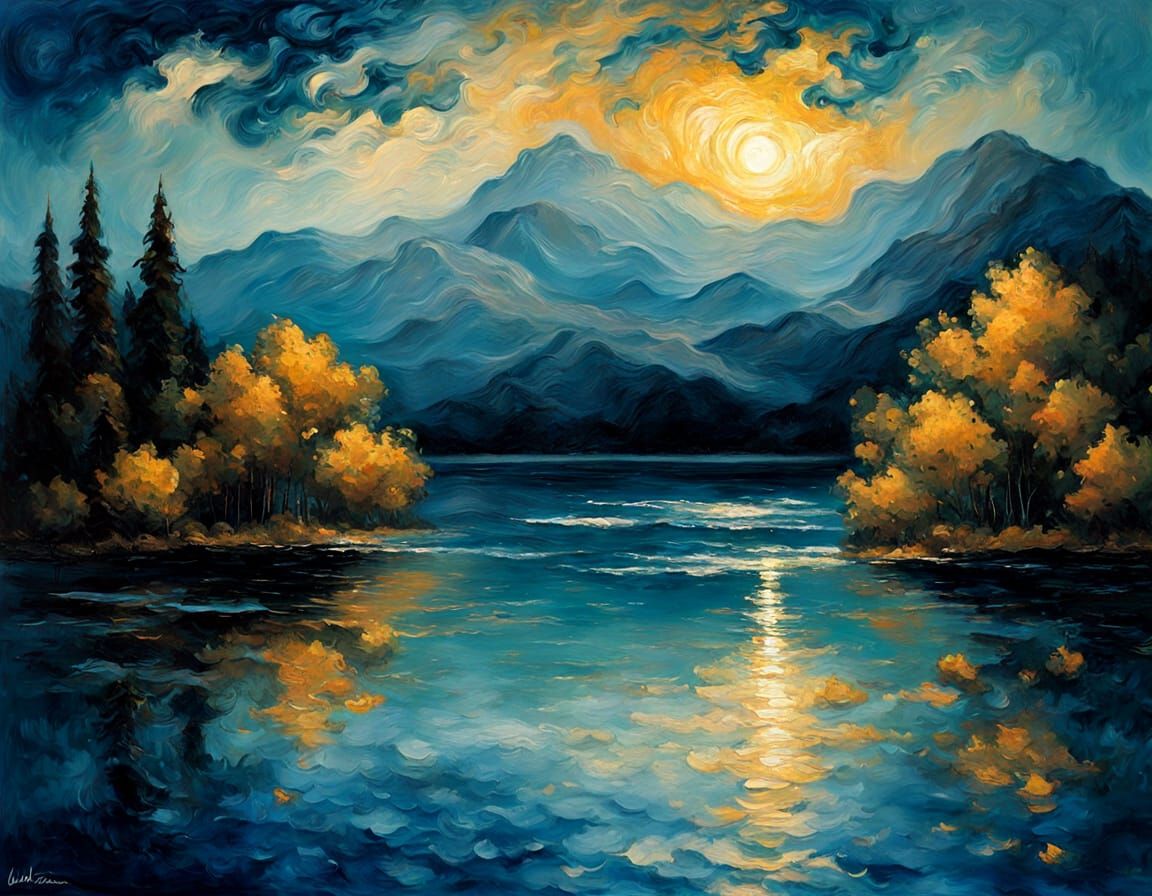 Impressionistic Lake Dock in Golden Hour Light