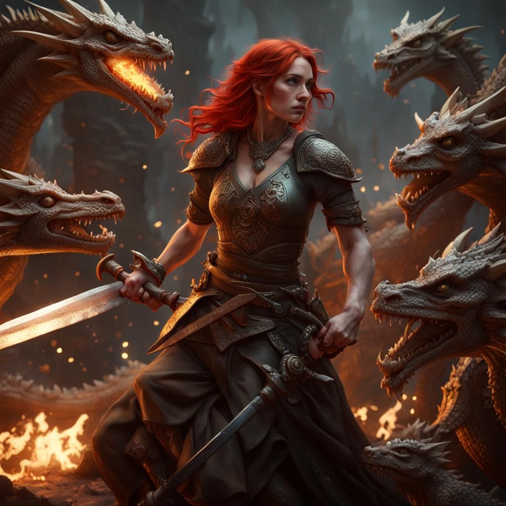 Dragon Slayer Woman in Epic Battle Scene