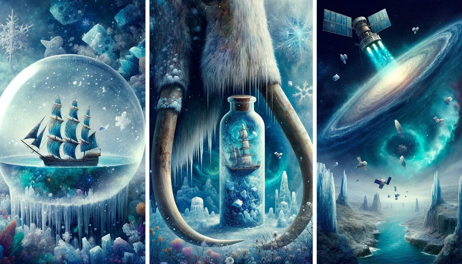 Mystical Ice Triptych: Ships in Frozen Landscapes