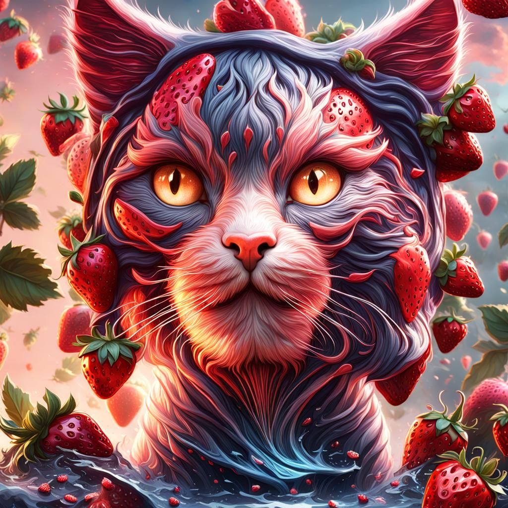 Fantastical Cat-Strawberry Fusion: Detailed Digital Art