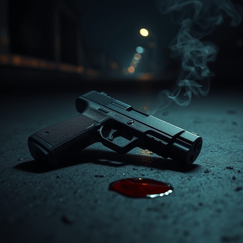 Photorealistic Smoking Gun on Dark Floor