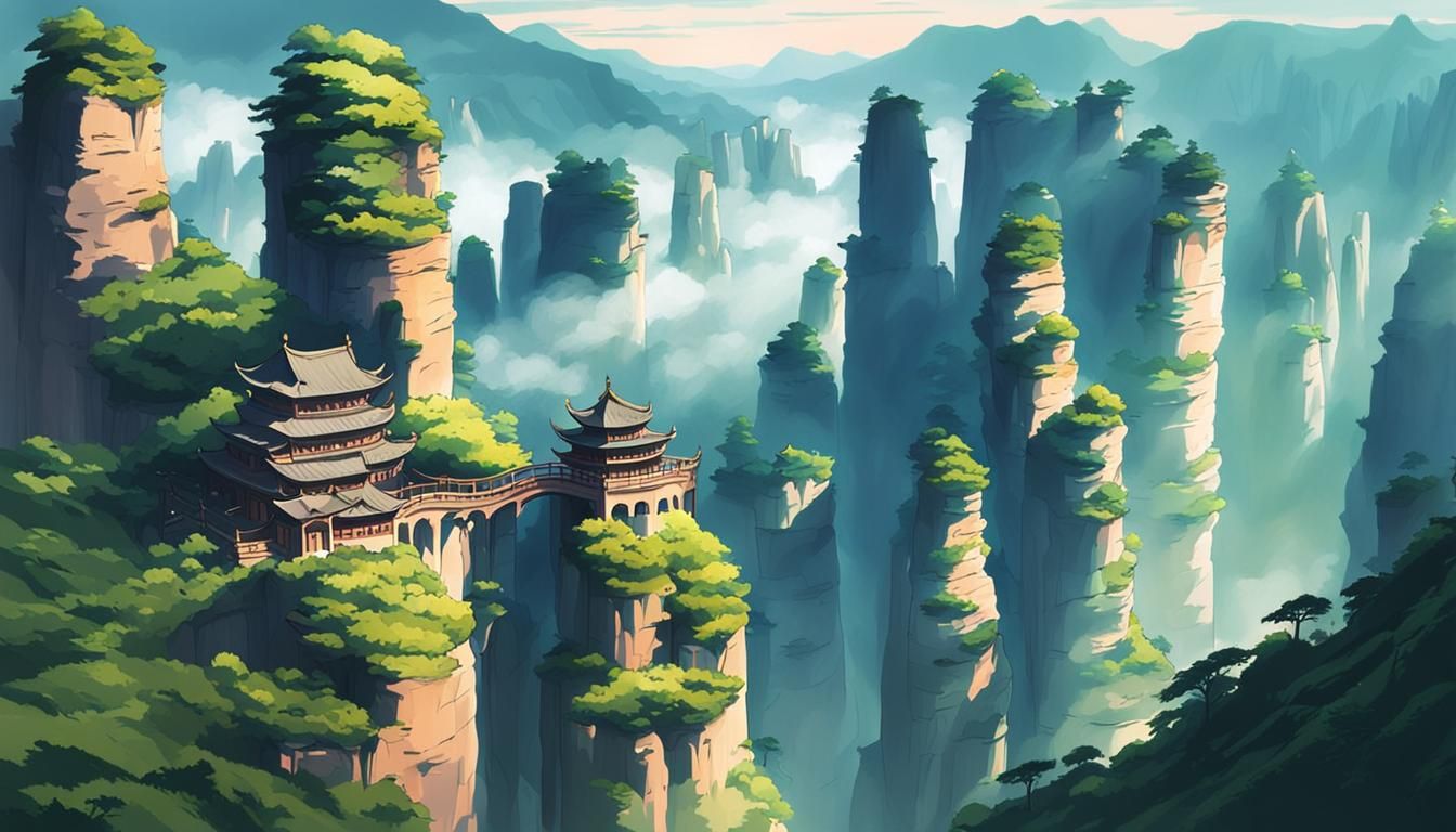 Anime-Style Tianzi Mountains Landscape