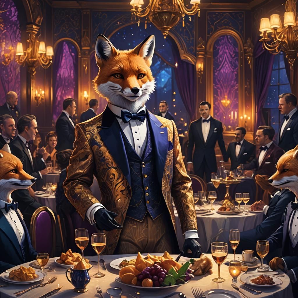 Anthropomorphic Fox at Dinner Party in Art Deco Style