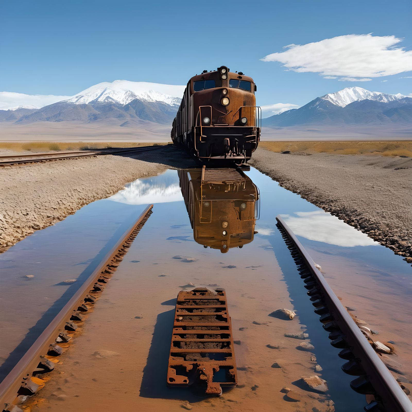 Surreal Locomotive Mirrored in an Alien Landscape